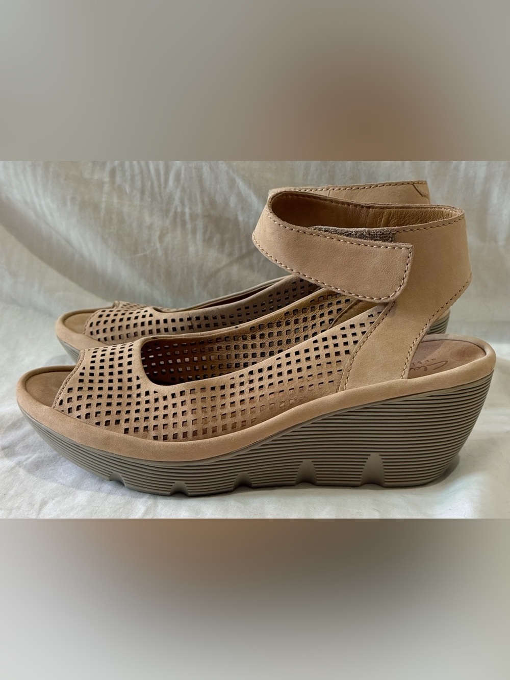 Clarks Tan Sandals “Reedly Salene” Size 7 Suede Wedge Heel